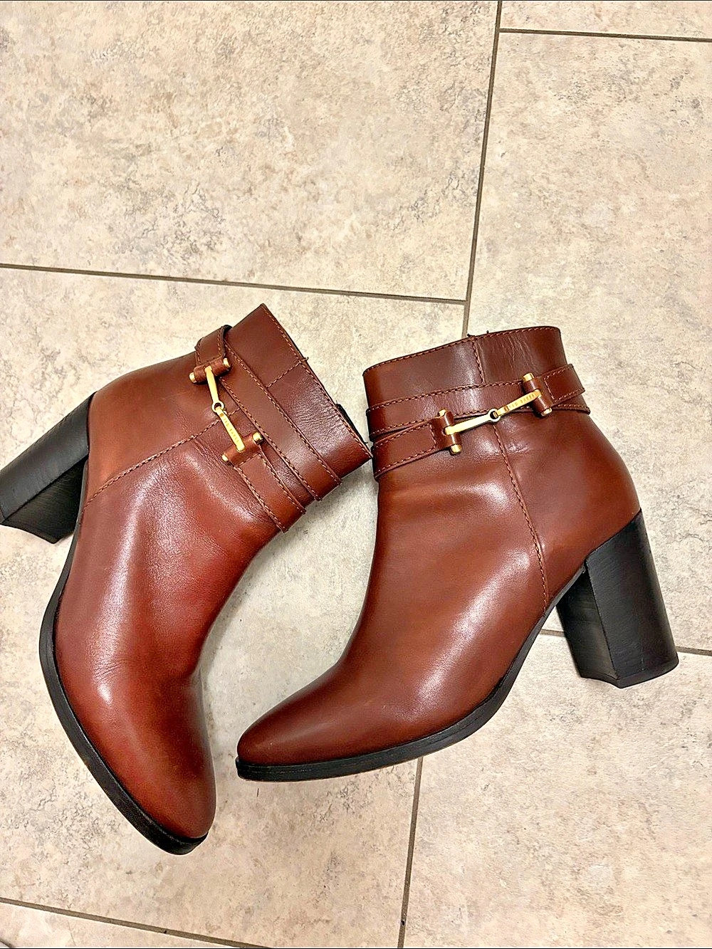 Ted Baker Cleonna Belt Trim Leather Heeled Ankle Boots Brown & Black US 11